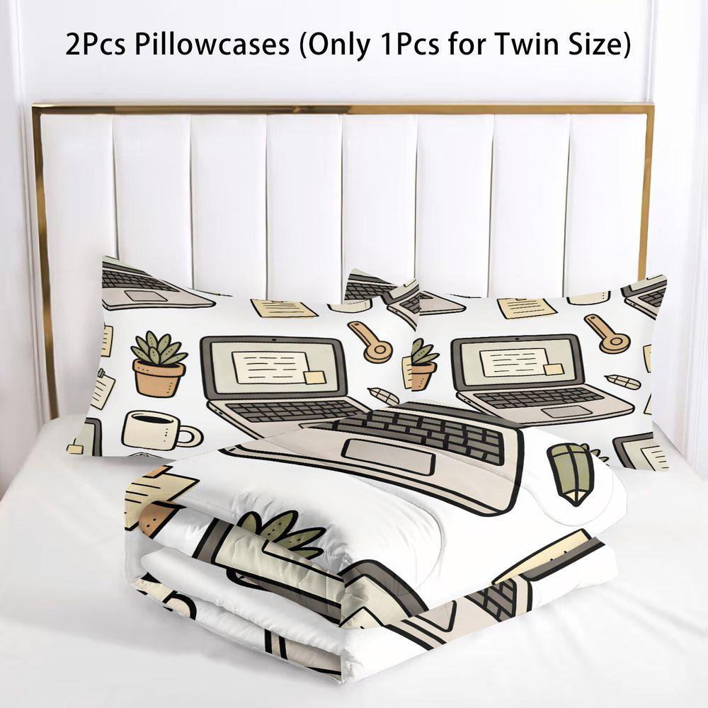 Office Plant Laptop Digital Print Comforter Set Quilt Bedding Set With Pillowcase Minimalist Worker Guest Bedroom Decor