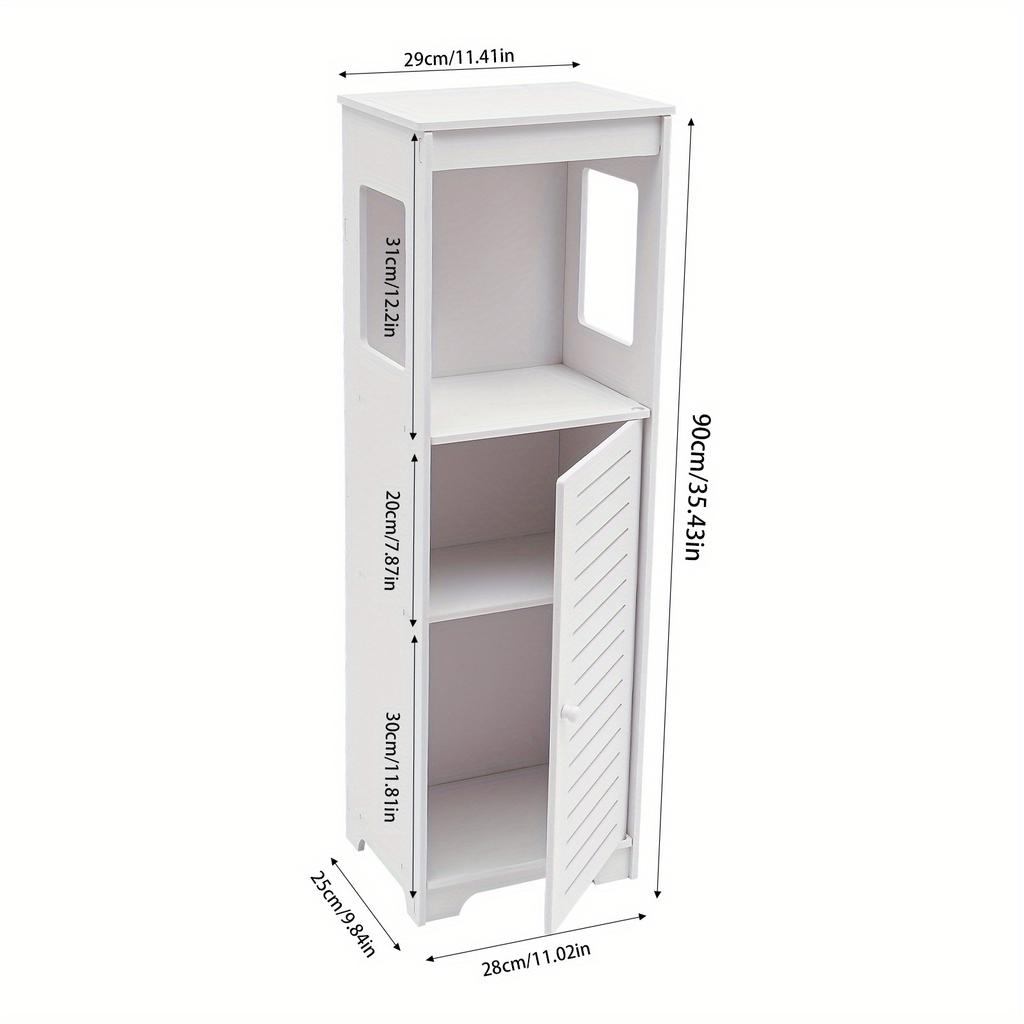 4-Tier White PVC Bathroom Storage Cabinet – Floor Standing Organizer with Ventilated Door – 35.4 Inch Tall