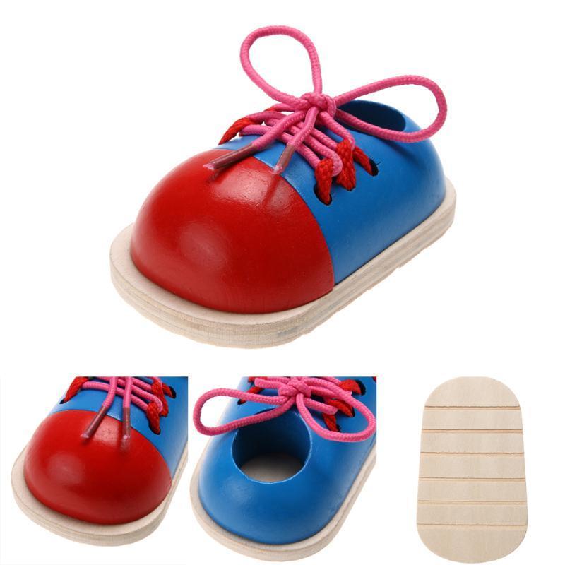1pc Kids Montessori Educational Toys Children Wooden Toys Toddler Lacing Shoes Early Learning Toy