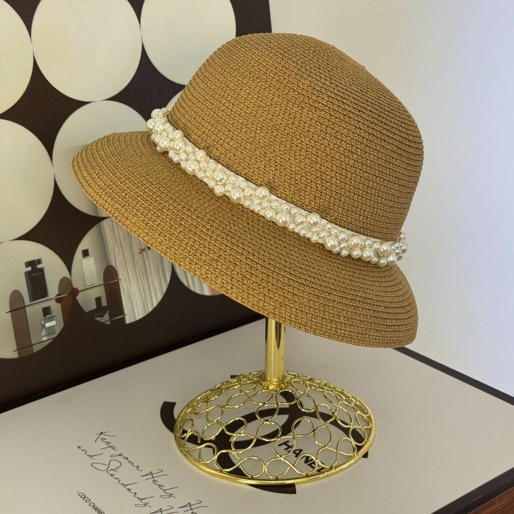 French Flat Top Straw Hat Women's High Sense Hepburn Style Pearl Big Head Circumference Sun Protection Visor Big Brim Bucket Hat Women