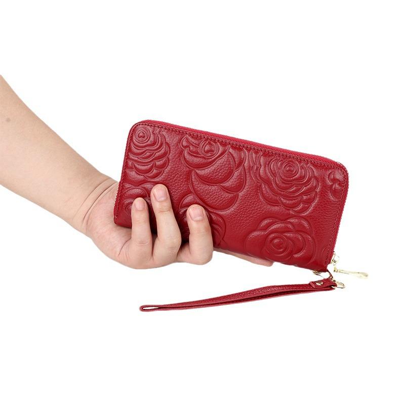 Camellia Women's Genuine Leather Long Wallet, Large Capacity Clutch for Phone and Cash