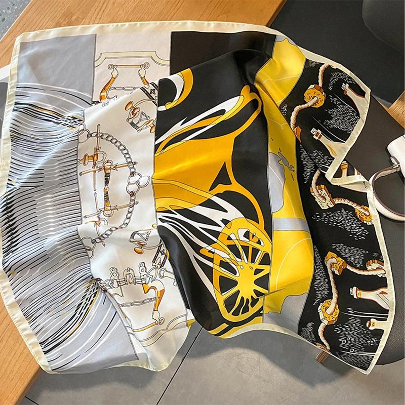 New Floral Print Shawl Design Silk Square Scarf Women Female Wrap Headkerchief Hijab Beach Stoles Hair Band Echarpe Bandana 2023
