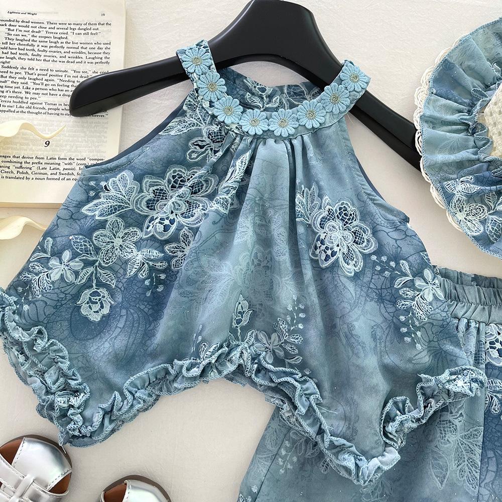 Girls Summer Floral Bow Backless Irregular Top And Shorts Set Stylish Two Piece Outfit For Kids