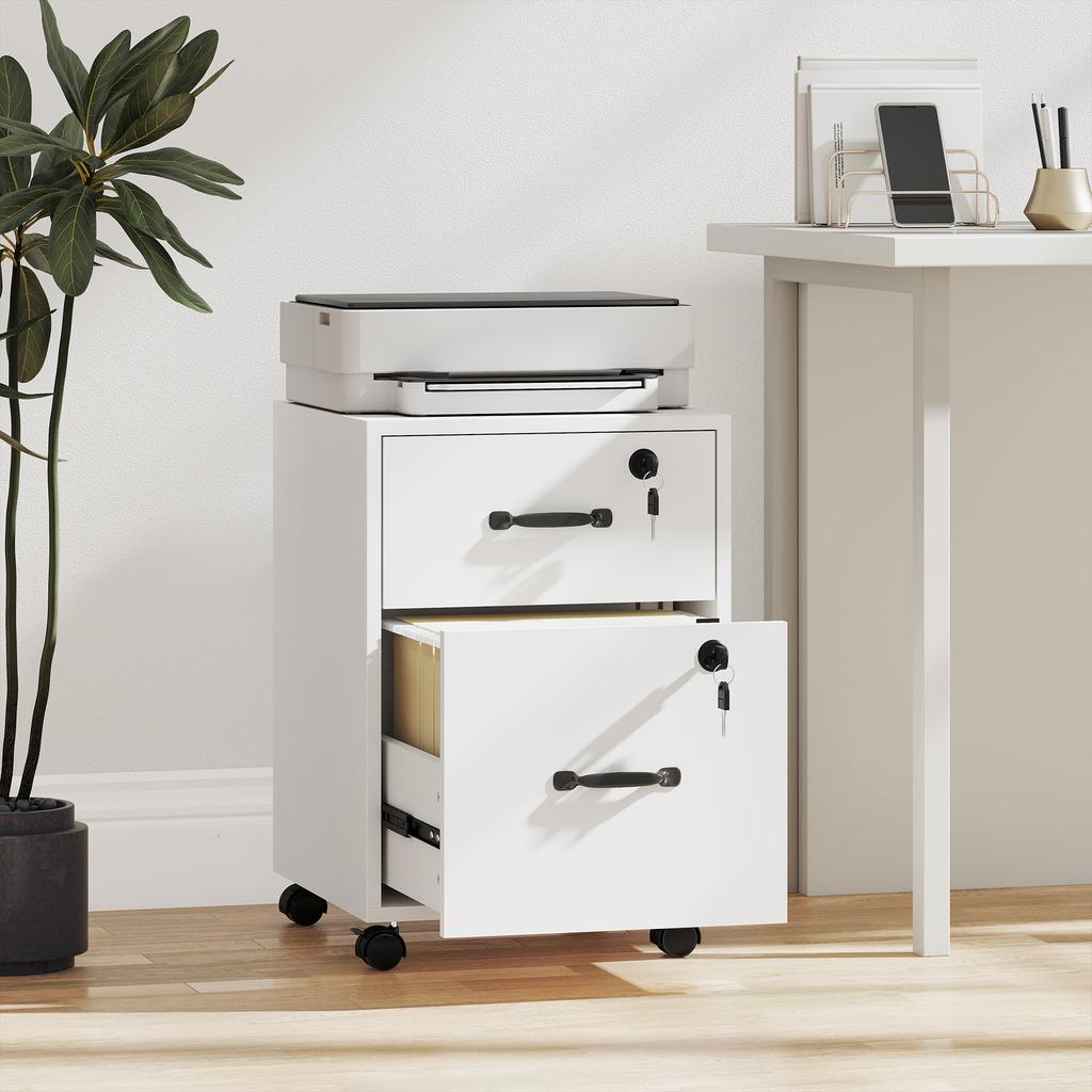Mobile Office Pedestal, 2 Drawers, Casters, Hanging Letter-Size Documents, White