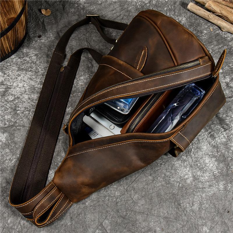 Men'S Retro Leather Breast Bag Crazy Horse Leather Multi-Functional Backpack Large Capacity Messenger Bag Cowhide Shoulder Bag Men'S Bag