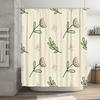 Modern Floral Bathroom Shower Curtain Set Decorative Water-Proof Printing Home Bath Mat Cream Color With Green Branches And Red