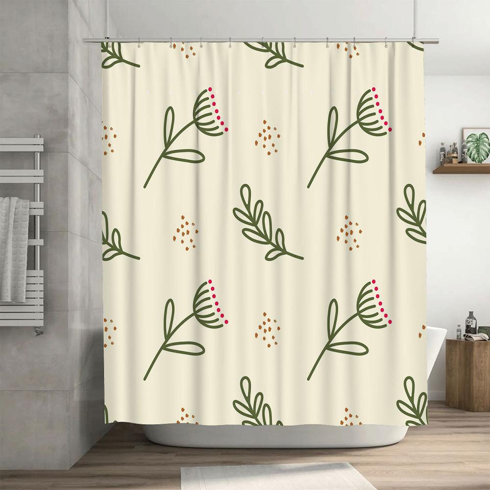 Modern Floral Bathroom Shower Curtain Set Decorative Water-Proof Printing Home Bath Mat Cream Color With Green Branches And Red