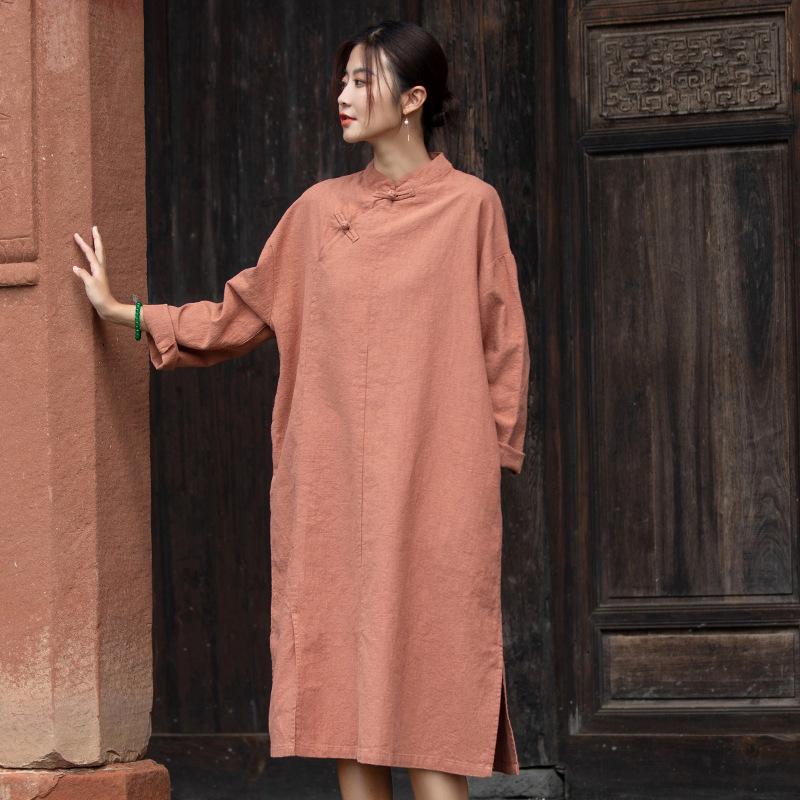 2026 Spring Chinese Style Handmade Frog Button Patchwork Slimming Zen Qipao Dress for Women