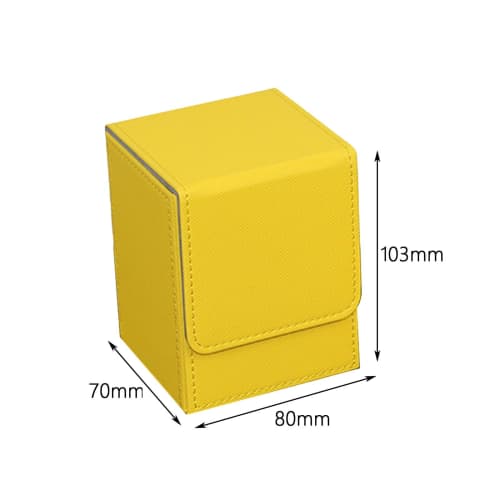 Yellow trading card deck box with sleeves, 7.3x8x10.3cm