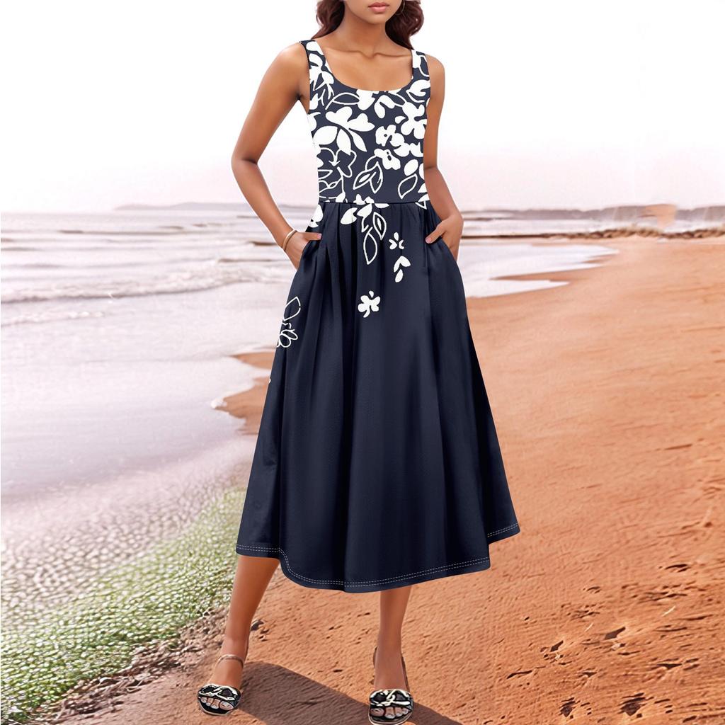 Women's  Summer Spring Casual Floral Sundress Sleeveless Beach Vacation Flowy Boho Tank Midi Dresses
