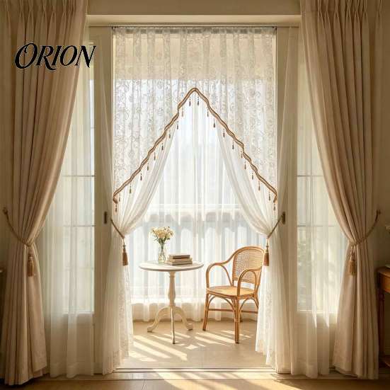 Romantic Home Decor for Living Room Sheer Floral Door Curtain with Beads, Lace Embroidered Gauze Double Layer Divider, Rod Pocket Doorway Bedroom