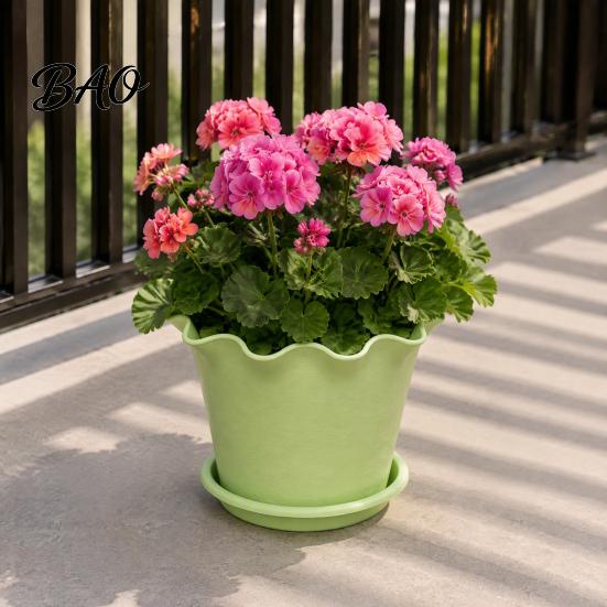 Flower Pot for Balcony Wavy Edge Planter with Saucer, Thickened Breathable Plastic Drainage Holes, Modern Plant Indoor Outdoor Plants Round