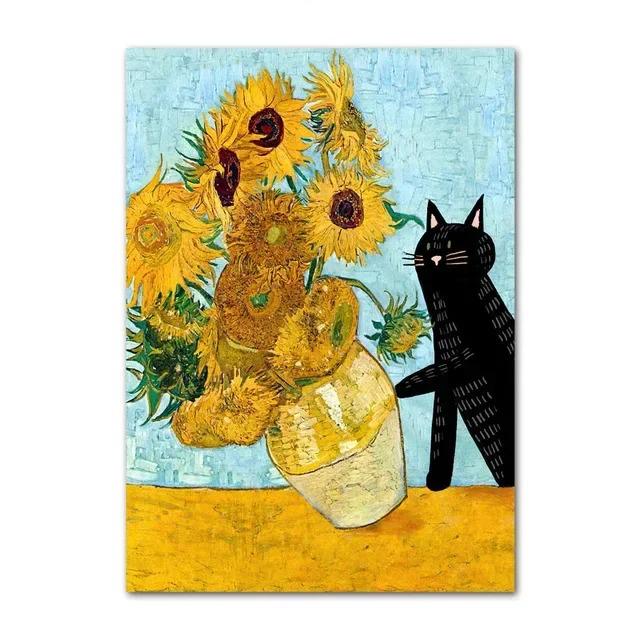 Black Cat Van Gogh Sunflowers Funny Art Matisse Monet Canvas Painting Posters And Prints Wall Pictures For Living Room Decor