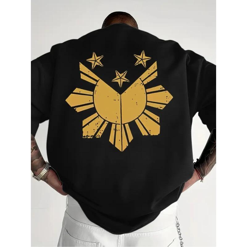 

European sizes Philippines Sun Star Men S Short-Sleeve T-Shirt - Black with Golden Sunflower Patterns And Star Patriotic Designs, Casual Round Neck 4XL чорний
