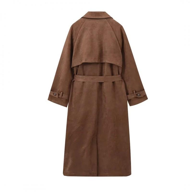 Womens Oversized Vintage Double-Breasted Belted Trench Coat Long Sleeve Suede Fleece Jacket Fall Winter