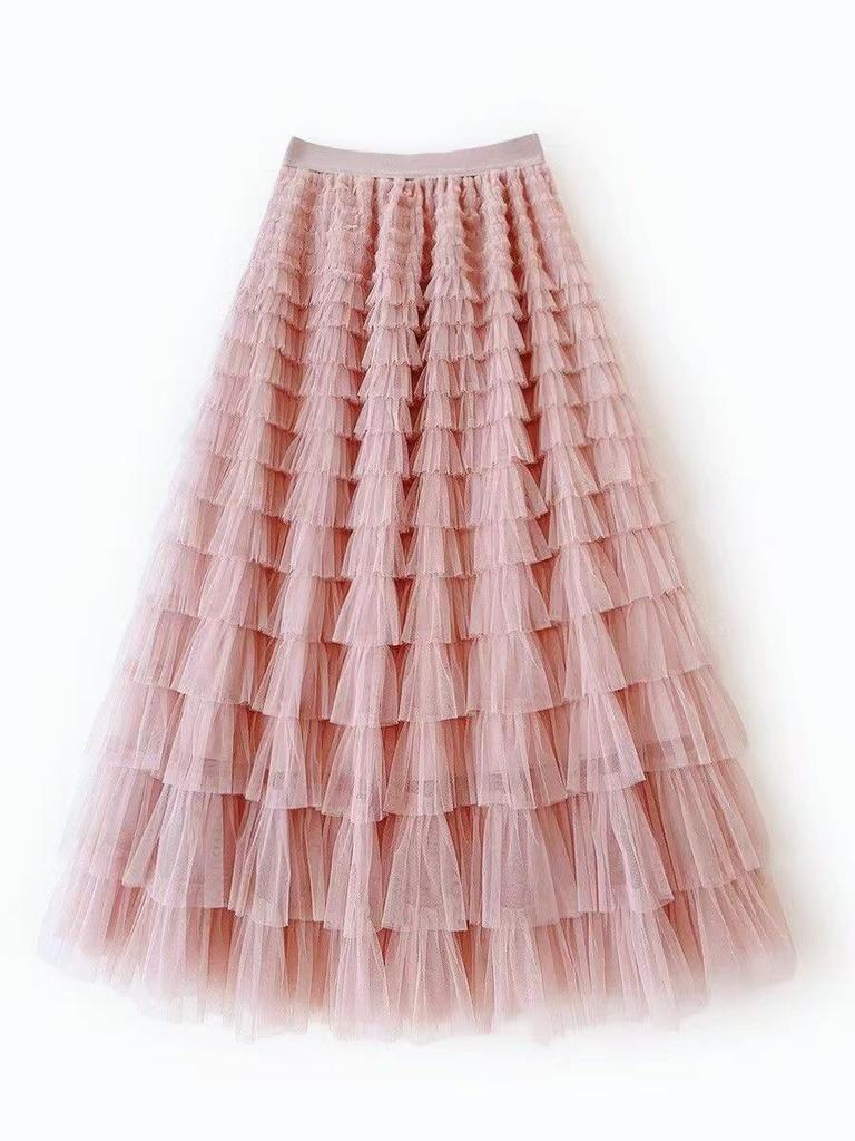 Women's Layered Mesh Gauze Pleated High Waist Long Skirt - Spring & Autumn Style