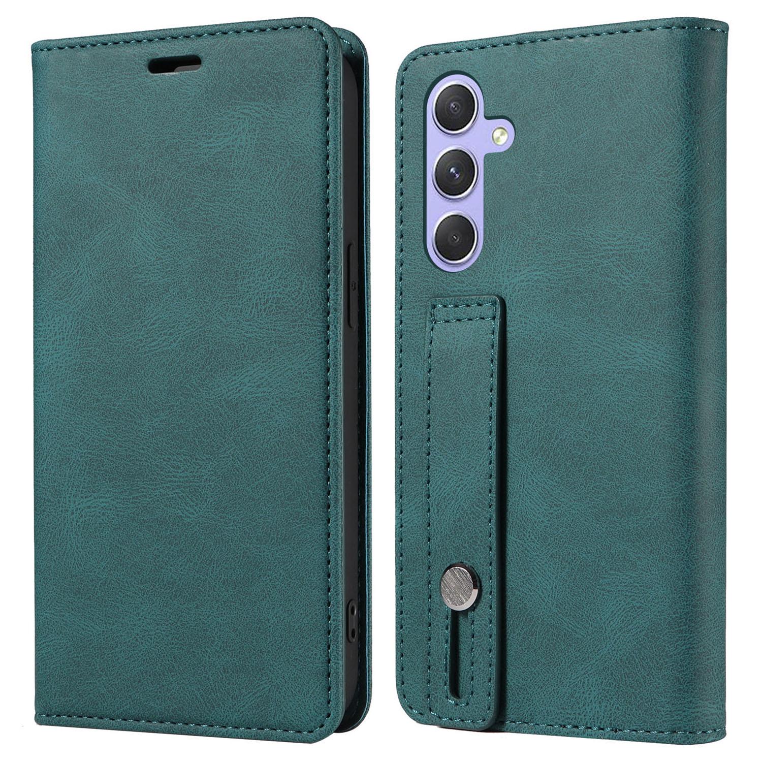 

For Samsung Galaxy S25+ Case Wristband Design Stand Magnetic Leather Phone Wallet Cover Lake Green