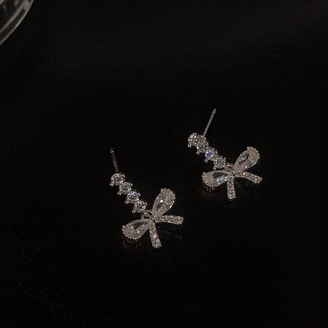 

ANENJERY, хит продаж, корейские модные украшения, изысканные серьги, инкрустированные цирконом ААА, элегантные универсальные женские серьги-гвоздики с бантом серебряный