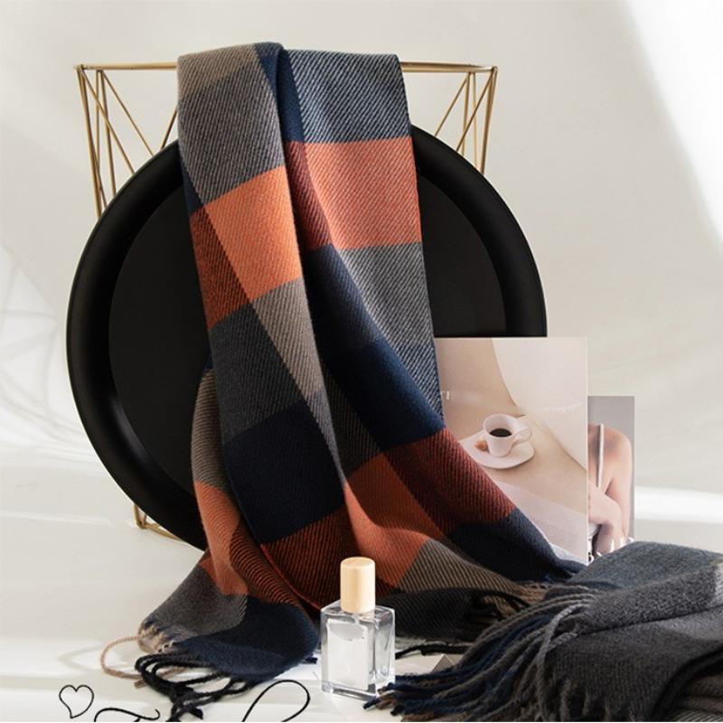 Winter-themed Check Pattern Faux Cashmere Scarf for Men, High-end Cold-weather Accessory, Shawl, or Neck Warmer.