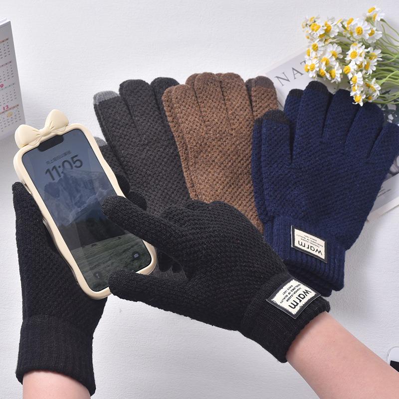 Knitted wool gloves non-slip five-finger plush split-finger gloves for men and women, thickened in autumn and winter, warm cycling