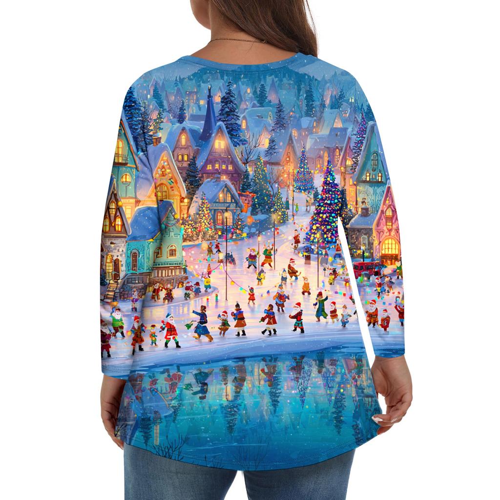 Women's Fashionable Casual Long Sleeved Plus Size  Print Top Plus Size Floral Print Top