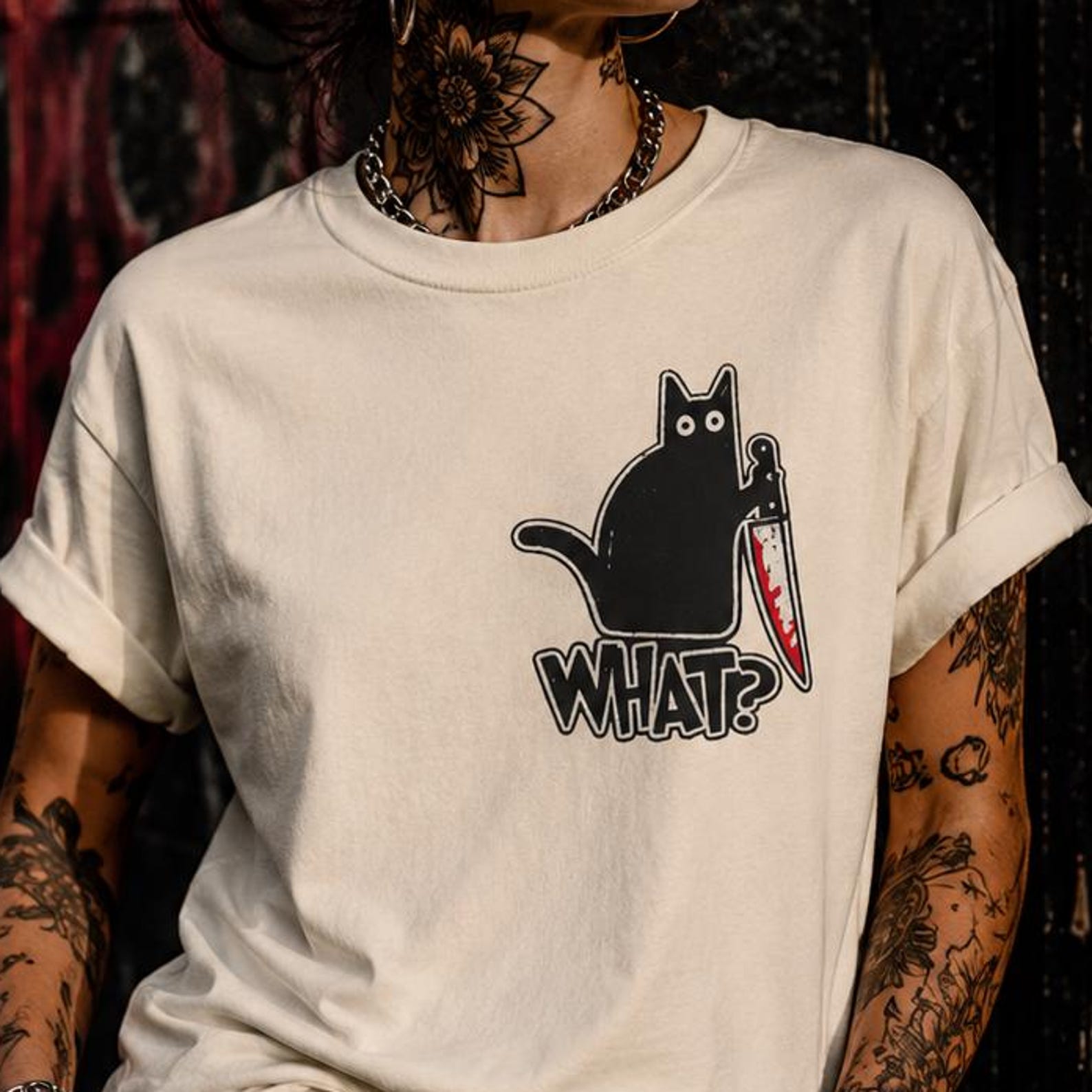 Cat Holding Bloody Knife, WHAT? T-Shirt | Creepy Tee | Funny Dark Humor Cat Shirt S