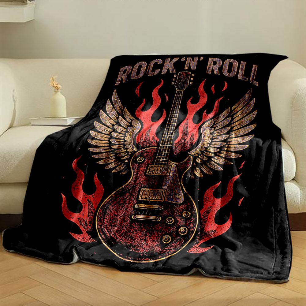 A guitar with flames and wings, surrounded by the text "Rock 'N' Roll". for all seasons blanket lunch break throw gift
