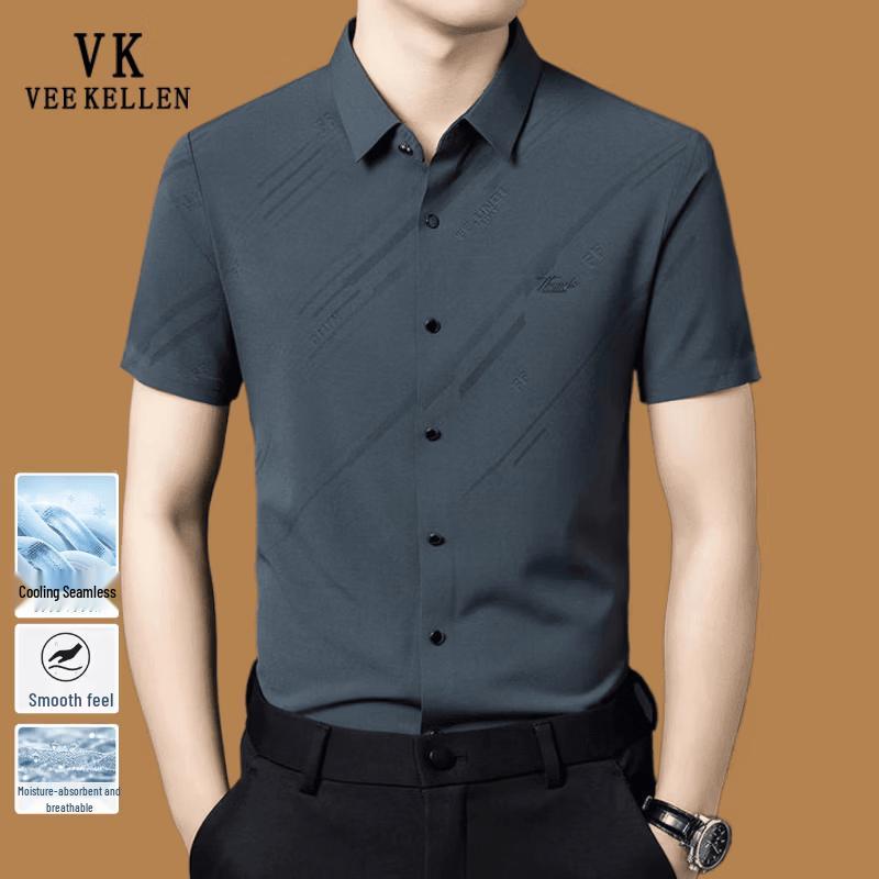 VEE KELLEN Men s Plaid Jacquard Short-Sleeve Business Shirt M