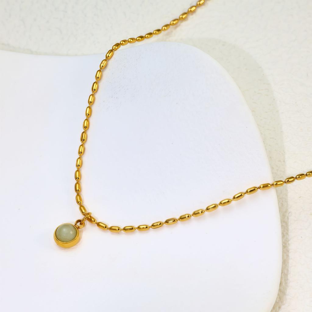 Simple Temperament Dongling Jade Green Bean Titanium Steel Necklace Jade Bead Chain Retro Collarbone Chain Female
