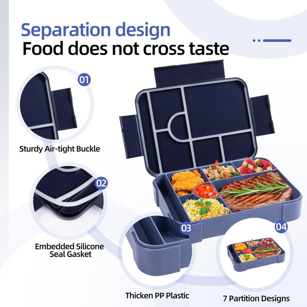 Bento Box 1330 ml Leakproof Lunch Box for Children Adults with 7 Compartments for School Travel Food Container Microwave Safe