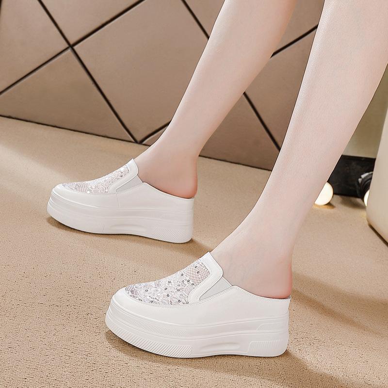 Baotou Half Slippers Hollow Breathable White Shoes Spring And Summer New Style Versatile Thick Sole Inner Heightening Mesh Shoes