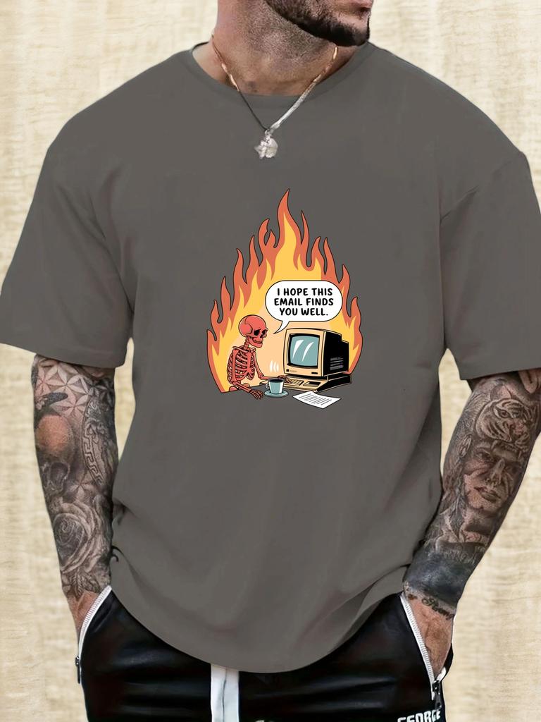 Mens Casual Tshirt Skeleton Flame Email Print Short Sleeve Round Neck Breathable Soft Oversized Humorous Daily Tee