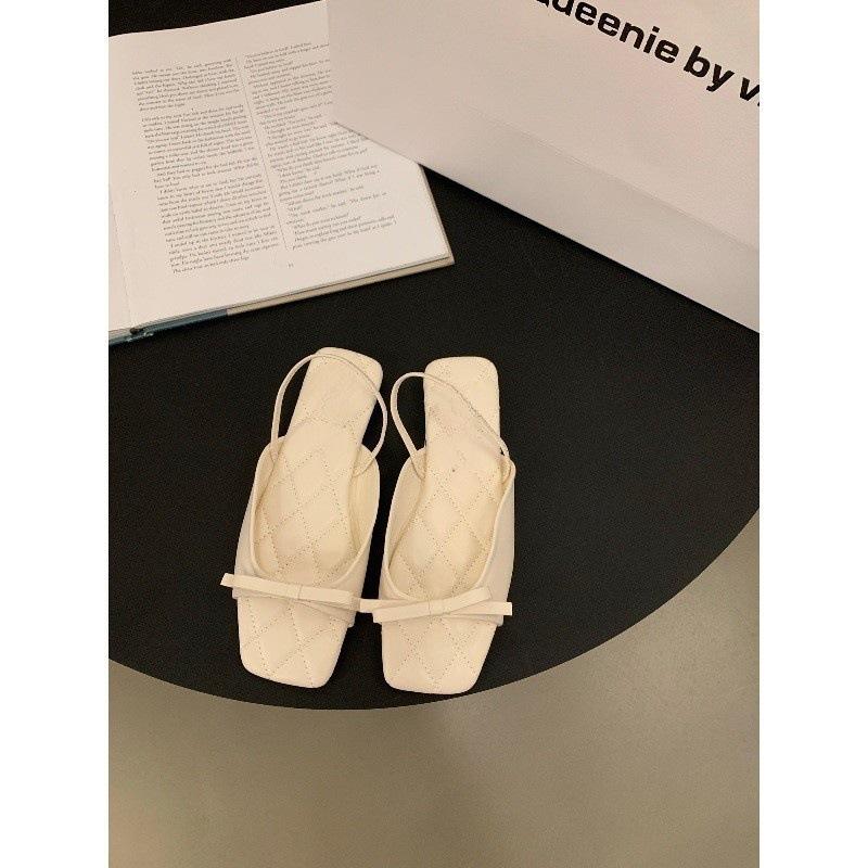 Niche black open-toed sandals women's shoes bow soft-soled beach shoes