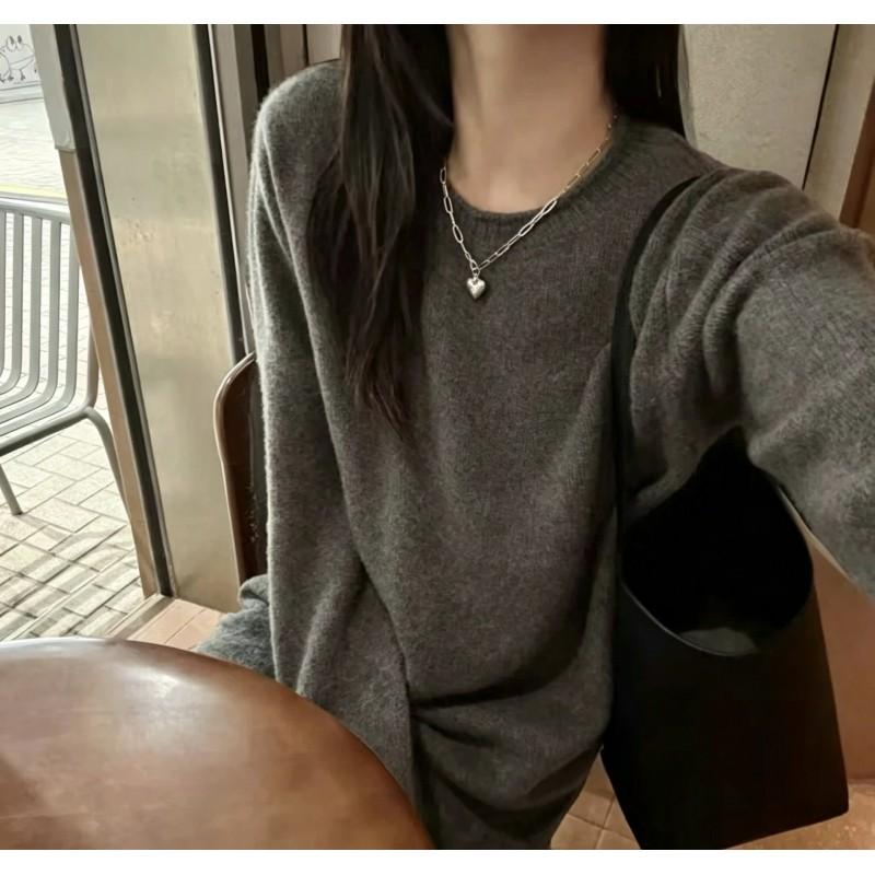 Womens 100% Wool Crewneck Sweater Long Sleeve Loose Fit Casual White Knit Top Everyday Wear