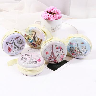 1 ks Kreativní kulatá plechová peněženka na mince Kreslená úložná krabička Mini taštička na zip pro sluchátka