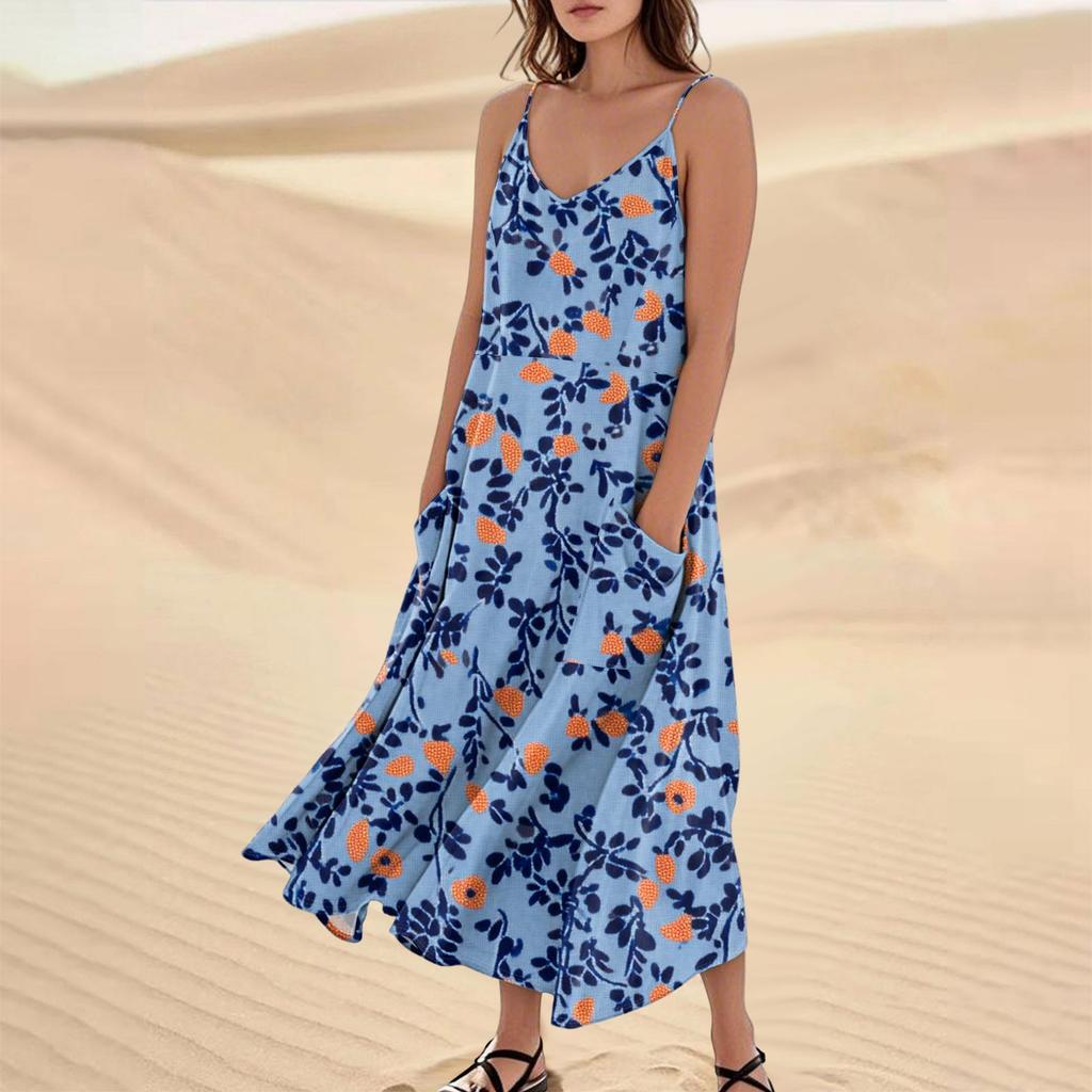 Damenmode Lässig Ärmellos Tasche Langes Strandkleid mit Blumendruck
