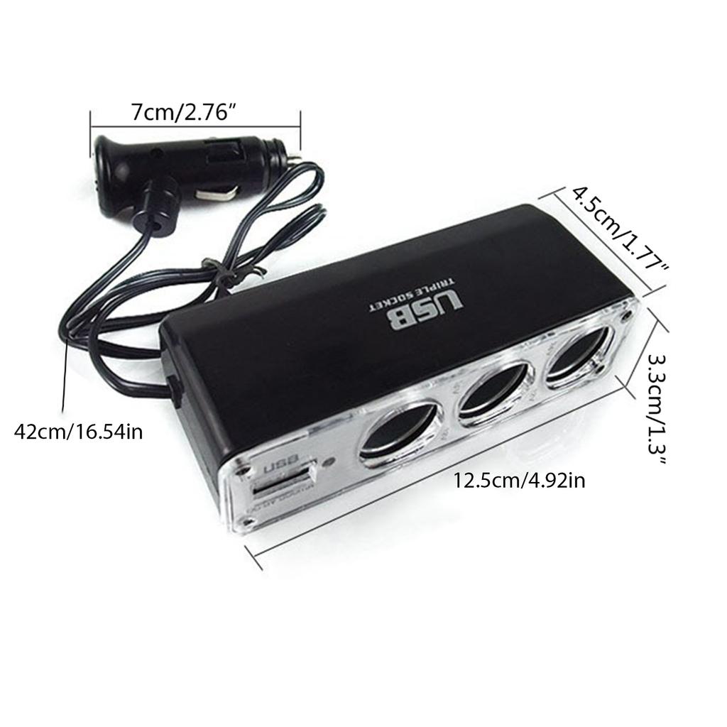 Universal Compact Auto Chargers Splitter Power Distribution Hub with USB Charging Port 3 Way Cigarettes Lighter Splitter