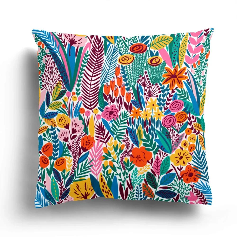 Home Decor Colorful Floral And Leaf Patterned Pillow Covers Pattern Cushion Cover Suitable For Sofa Bedroom Car Pillow Cover