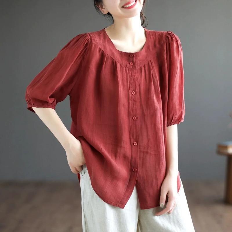 

Womens Solid Color Round Neck Puff Sleeve Button-Up Blouse M красный