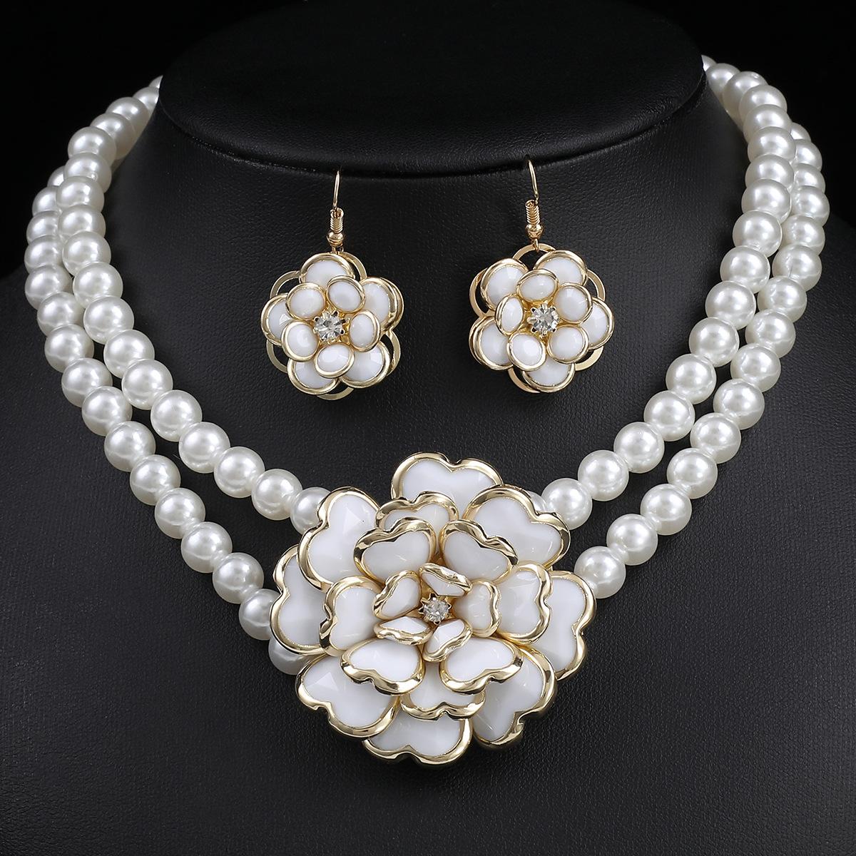 

Винтажное имитация жемчужного ожерелья и сережек для женщин, комплекты ювелирных изделий в виде цветка-чокера белый
