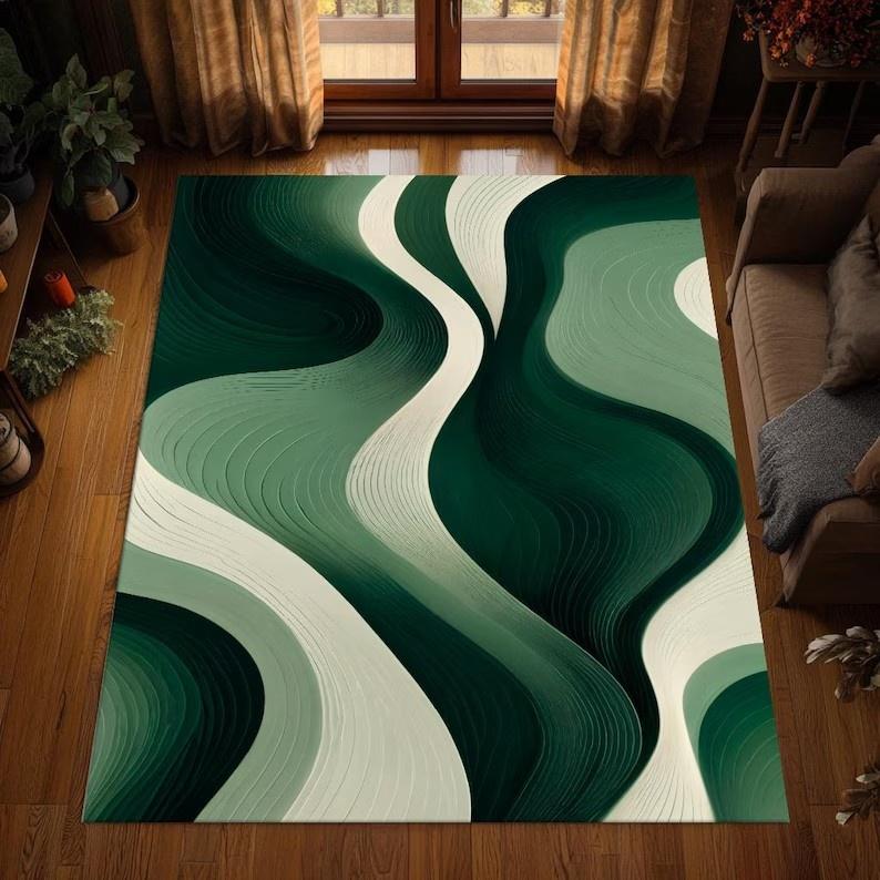 Abstract Green Rug Modern Wavy Carpet Minimalist Art Floor Mat Contemporary Living Room Living Room Home DecorHousewarming Gift