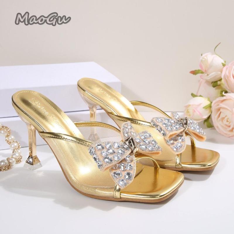 

Fashion Luxury Gold Glitter Bowknot Decoration Slippers Women Mesh Strap Sandals Women 2025 Summer Sexy High Heels Party Dress Shoes 42 золотой