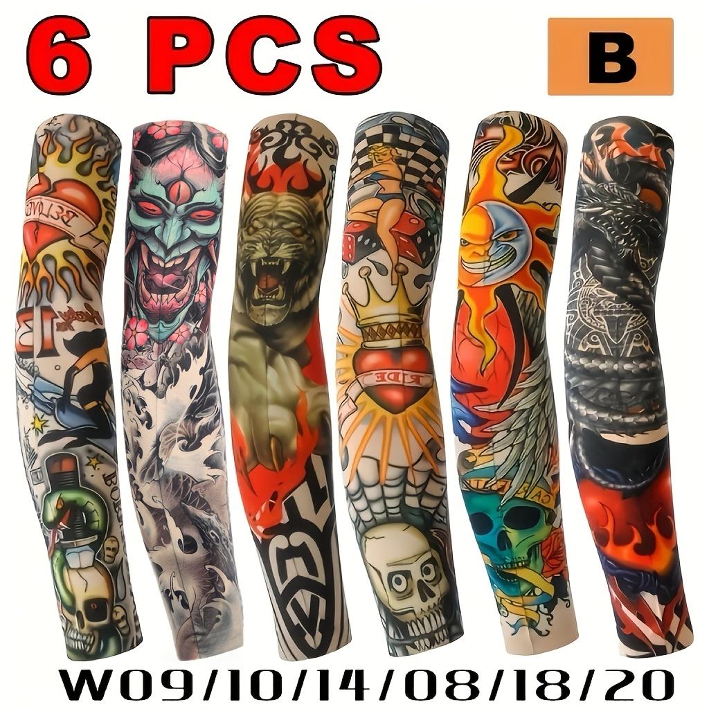 6 Stück gemischte Tattoo-Armschoner für Männer, Eisseide, Sonnenschutz, Kühlende Armschoner für Outdoor-Sportarten, Radfahren und Angeln