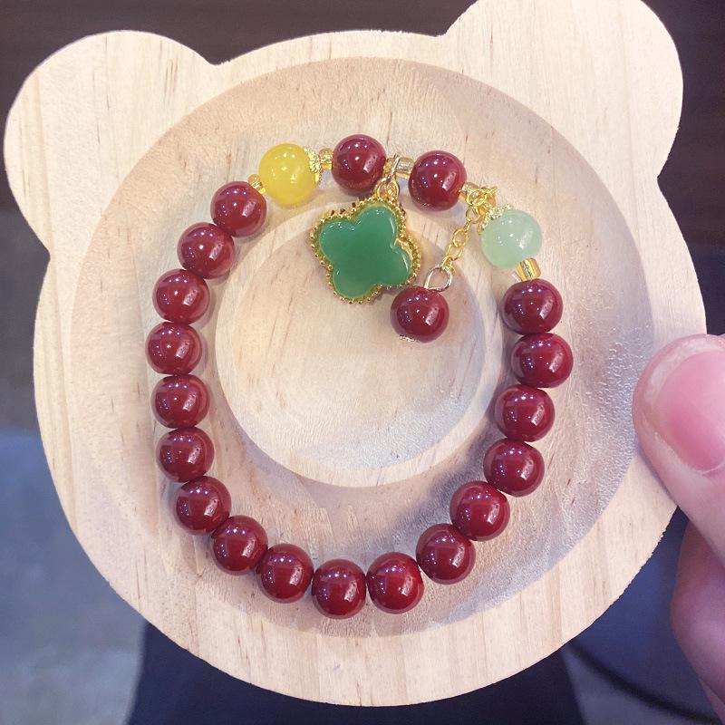 Imitation Cinnabar Beaded Bracelet with Four-Leaf Clover Charm - Ladies Night Market Jewelry