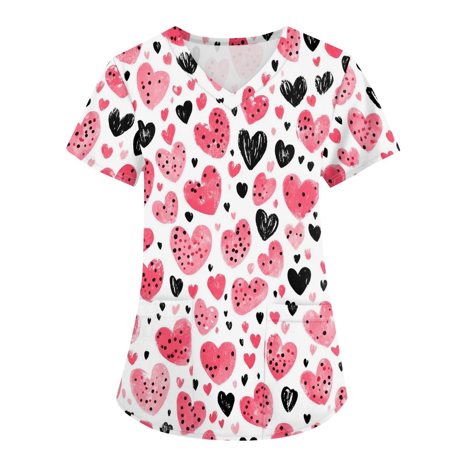 

Женская модная рабочая одежда с V-образным вырезом и короткими рукавами, с карманами, с принтом ко Дню святого Валентина, верхняя одежда для ухода XL арбуз красный