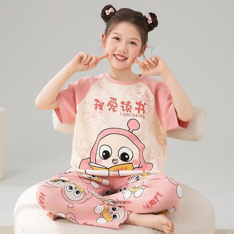 Girls Cotton Pajama Set Short Sleeve Long Pants Cartoon Print Sleepwear Kids Ages 4-12