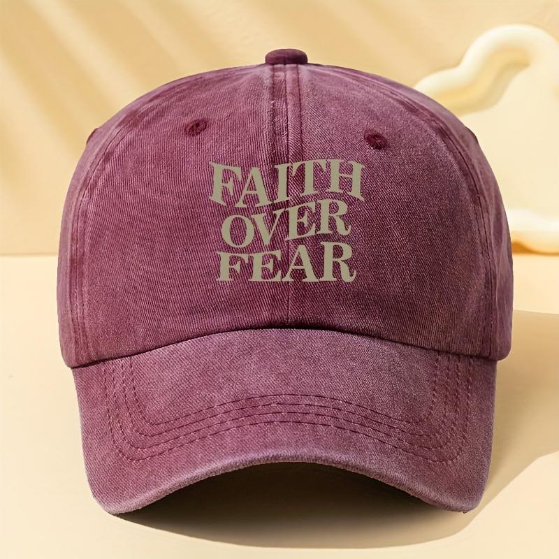 FAITH OVER FEAR Letter Printed Washed Baseball Cap Outdoor Adjustable Mens Baseball Cap Vintage Style Polyester Fabric 1pc