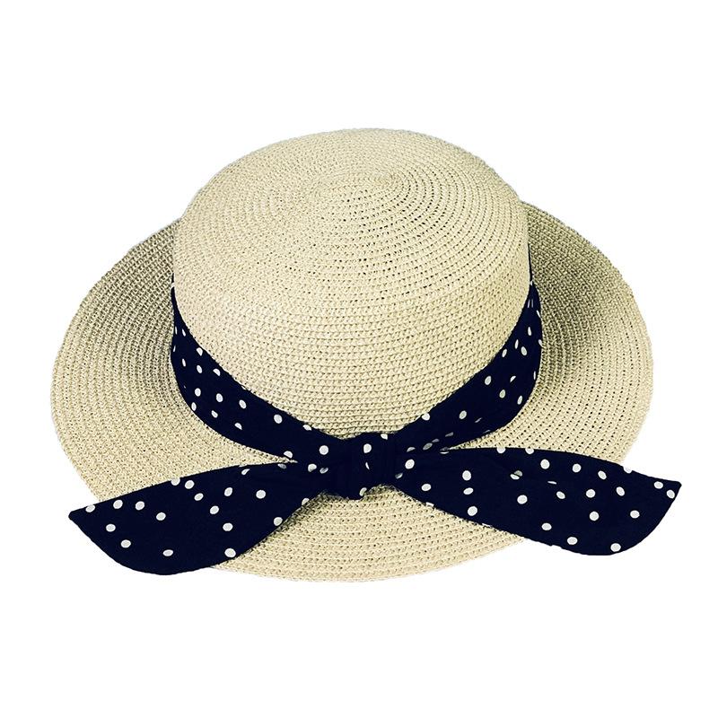 Flat top hat women's summer elegant polka dot straw hat seaside beach sun protection sun hat British top hat fresh sun hat