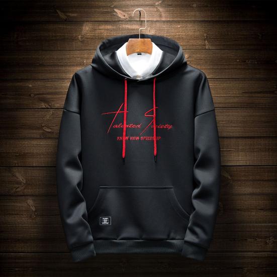 Men Autumn Hoodie Solid Color Letter Pattern Hooded Hat Long Sleeves Loose Streetwear Elastic Cuff Warm Winter Hoodie Men Clothes