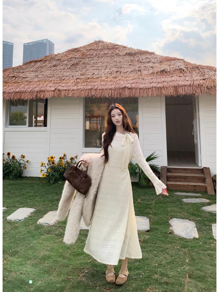 Women's High Neck Lace Crochet Dress with Bow Tie Waist, Long Sleeve, New 2026 Style